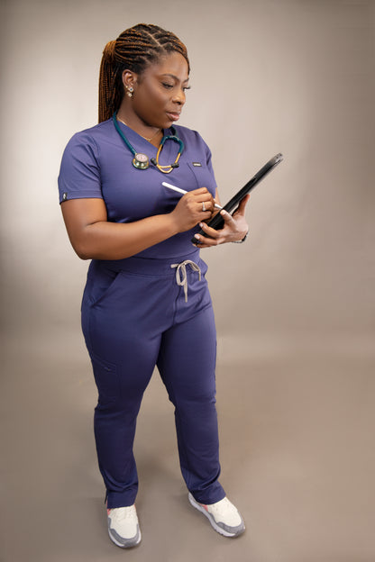 Womens Navy Blue V-Neck Straight Pants Set